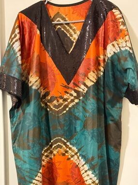 Vibrant Orange & Teal Boho Fringe Tunic Dress